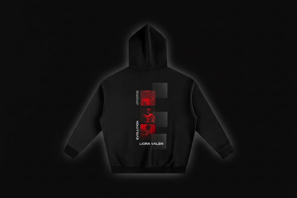 Black hoodie with red and white graphics on the back against a white background