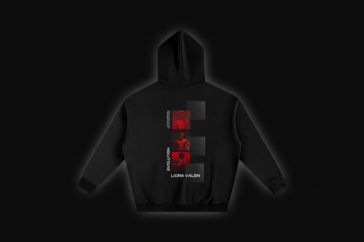 Black hoodie with red and white graphics on the back against a white background