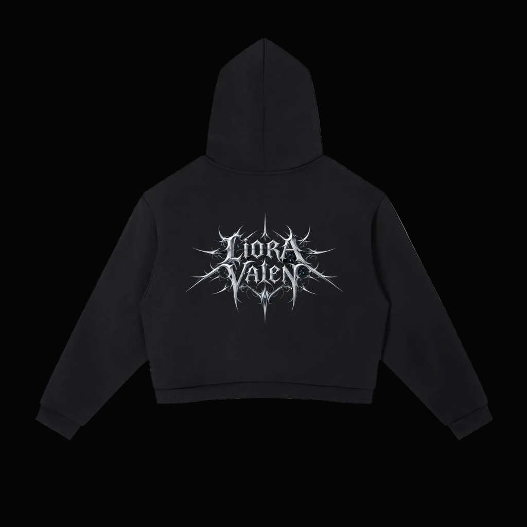 Black hoodie with 'Liora Talent' logo on the back against a white background