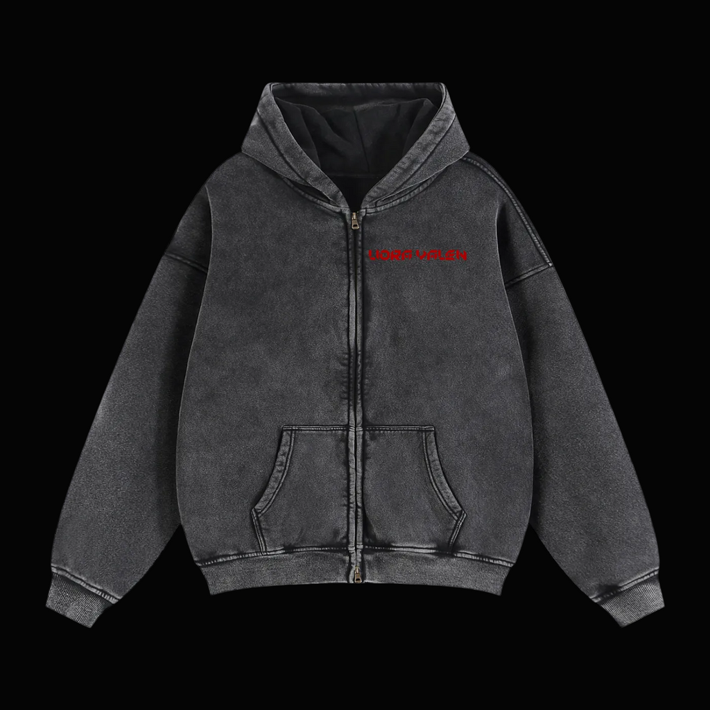 Black hoodie with a red logo on a white background