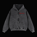 Black hoodie with a red logo on a white background