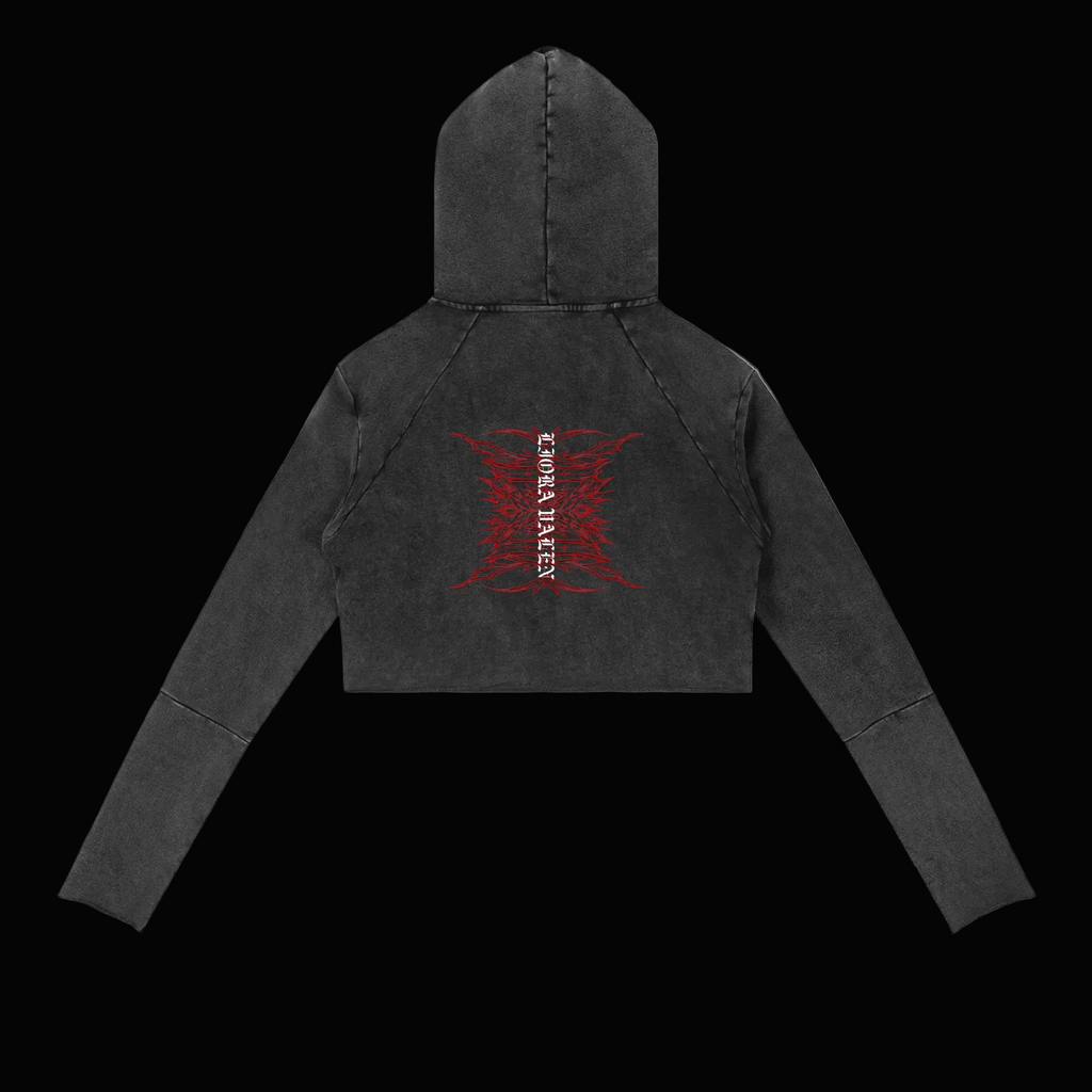 Black hoodie with a bee design on the back against a white background