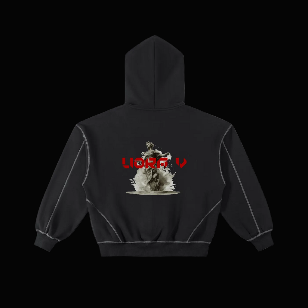 Black hoodie with graphic design on the back against a white background