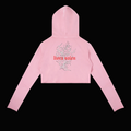 Pink hoodie with floral design and 'lura valen' text on a white background