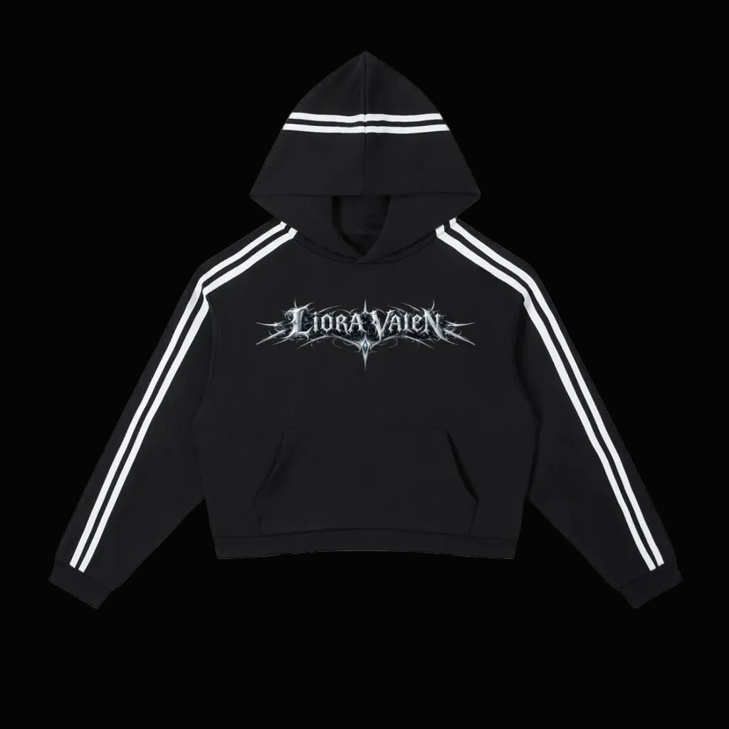 Black hoodie with white stripes and a logo on a white background