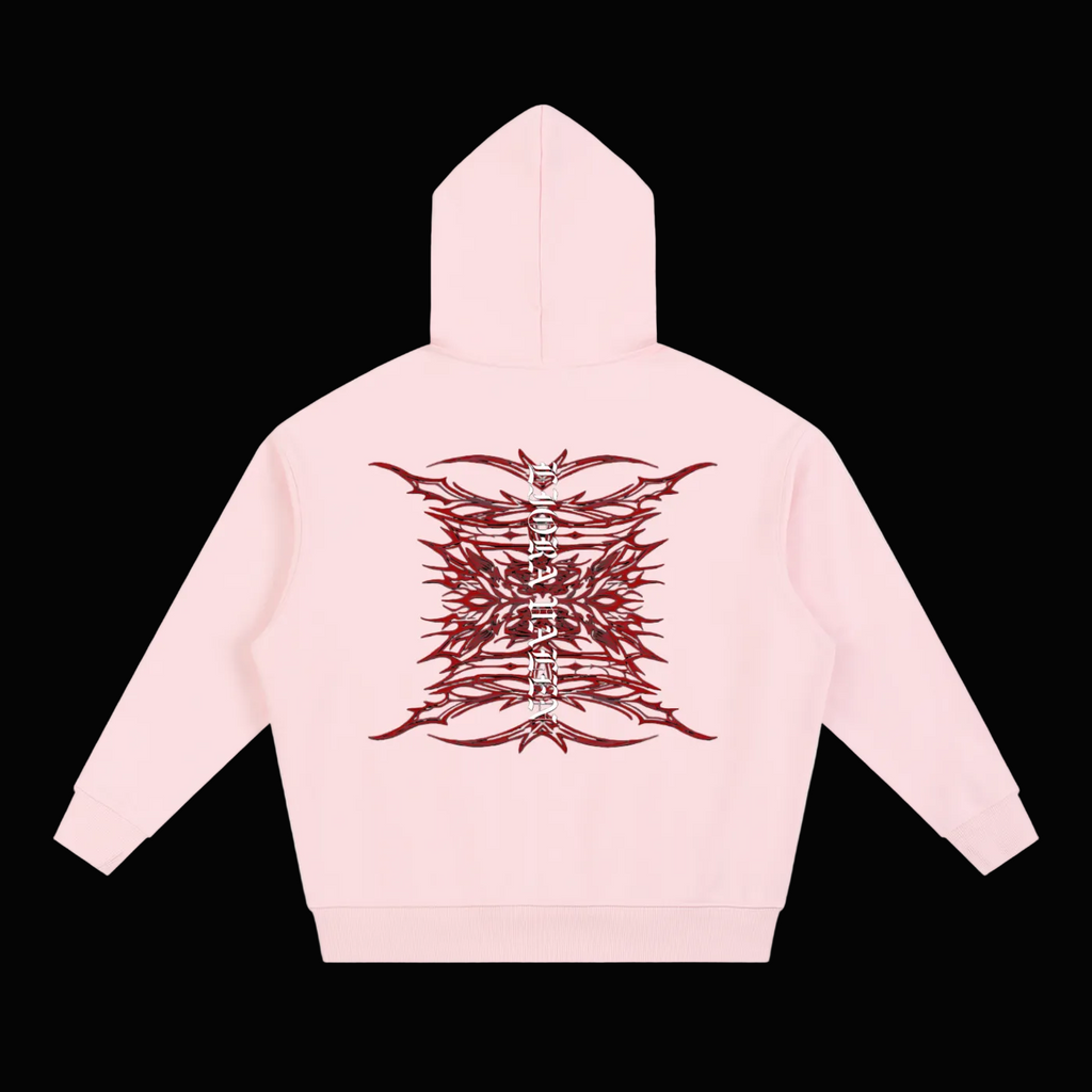 Pink hoodie with a red graphic design on the back against a white background
