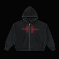 Black hoodie with a red geometric design on a white background