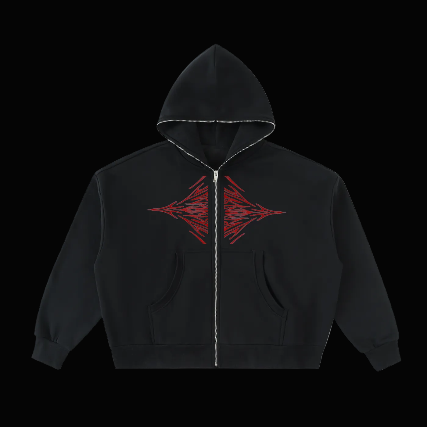 Black hoodie with a red geometric design on a white background