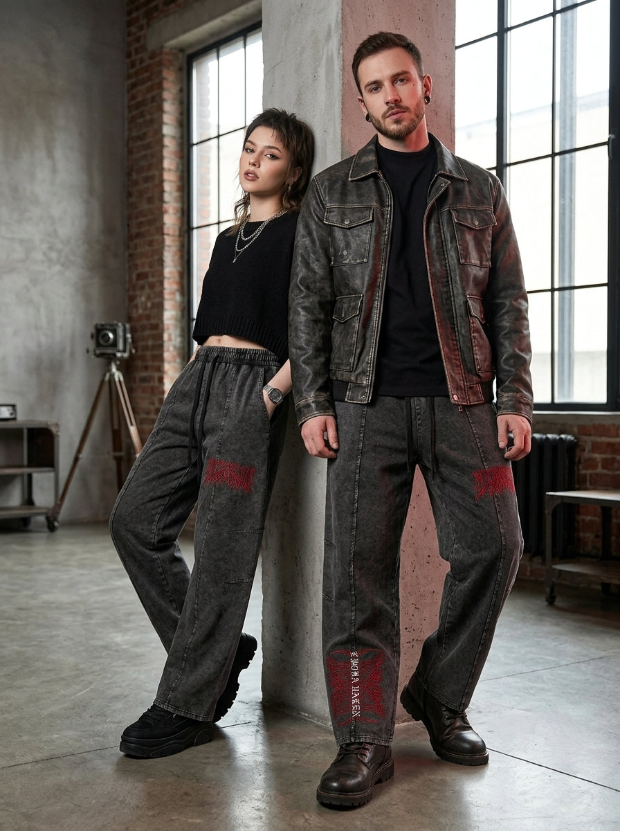 Snow Wash Drawstring Cotton Pants
