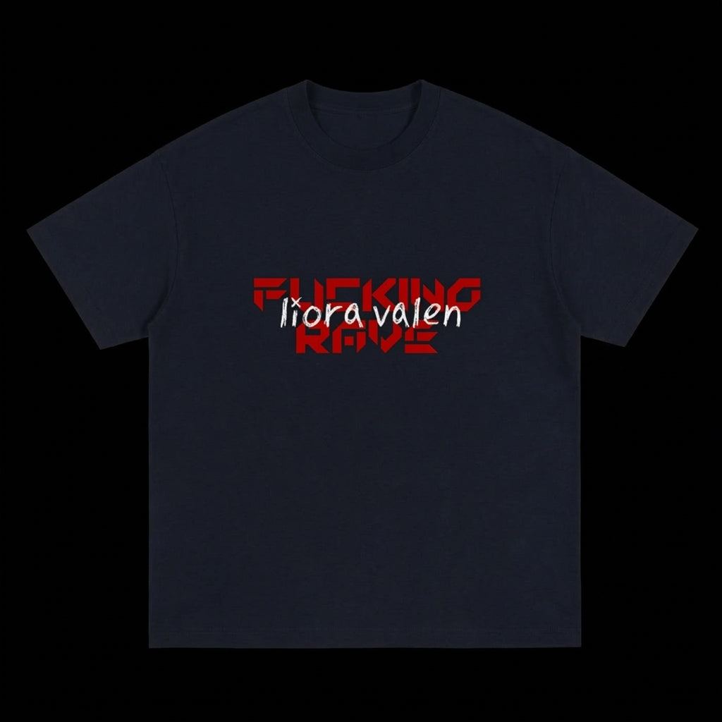 Black t-shirt with red and white text on a black background