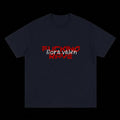 Black t-shirt with red and white text on a black background