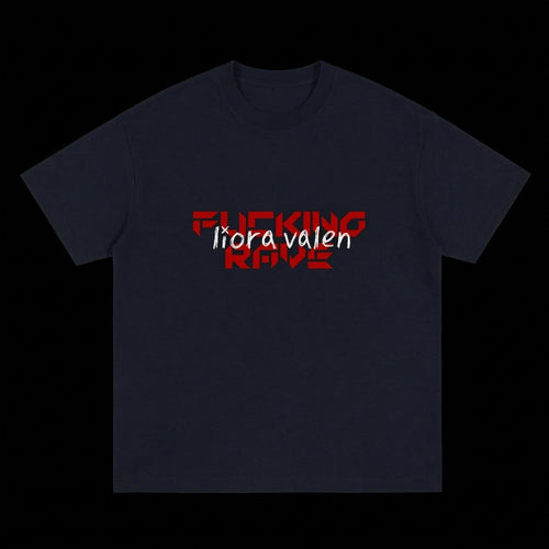 Black t-shirt with red and white text on a black background