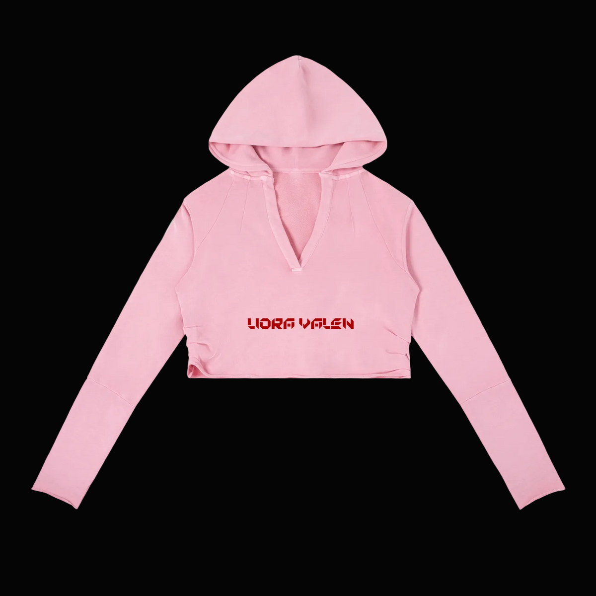 Pink cropped hoodie with 'Liora Valen' branding on a white background