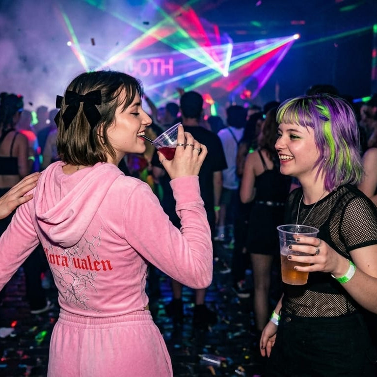 People socializing at a party with colorful lights and neon signs.