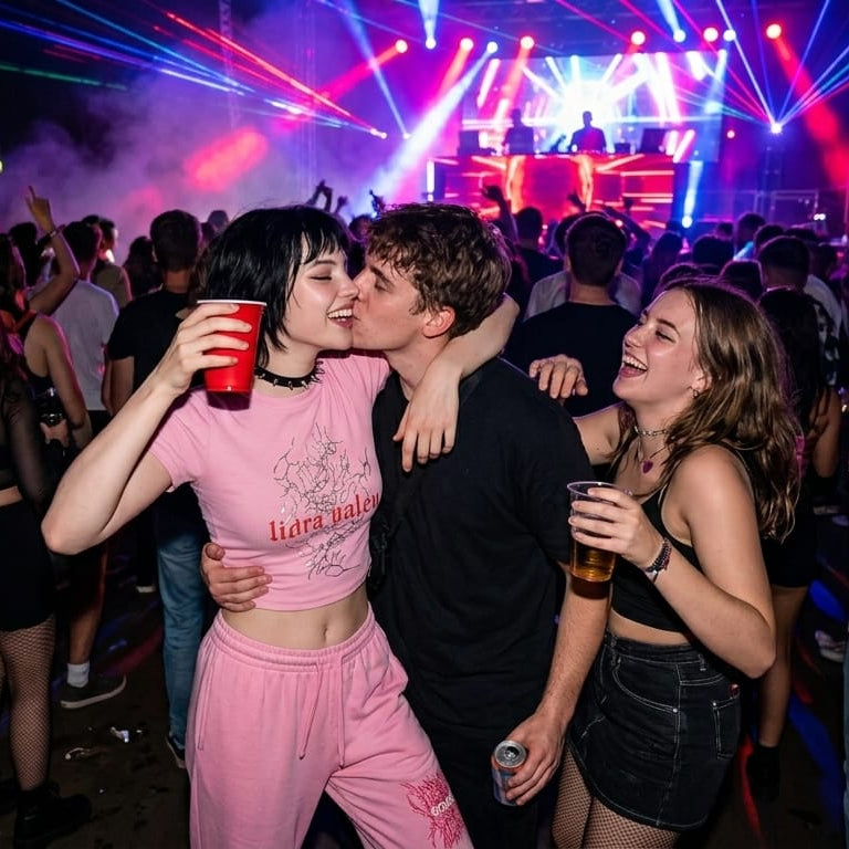 People dancing at a concert with colorful lights and a crowd in the background