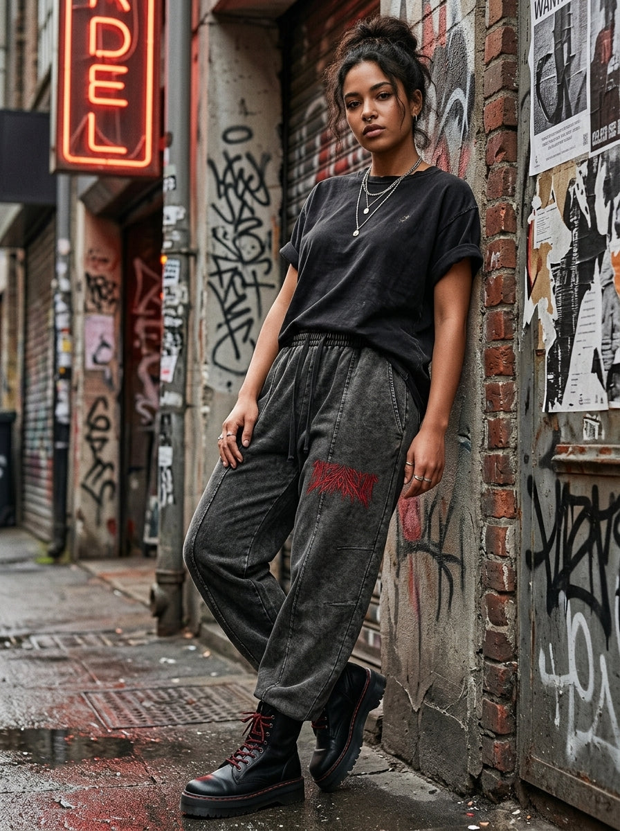 Snow Wash Drawstring Cotton Pants