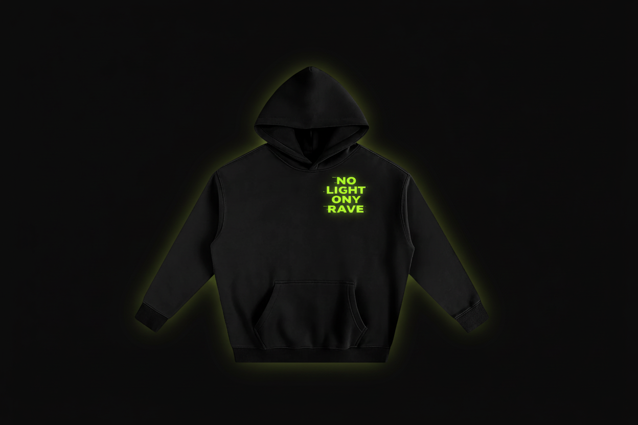 Black hoodie with 'No Light Ony Rave' text in green on a white background