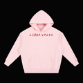 Pink hoodie with 'LIOKA VALEN' text on a white background