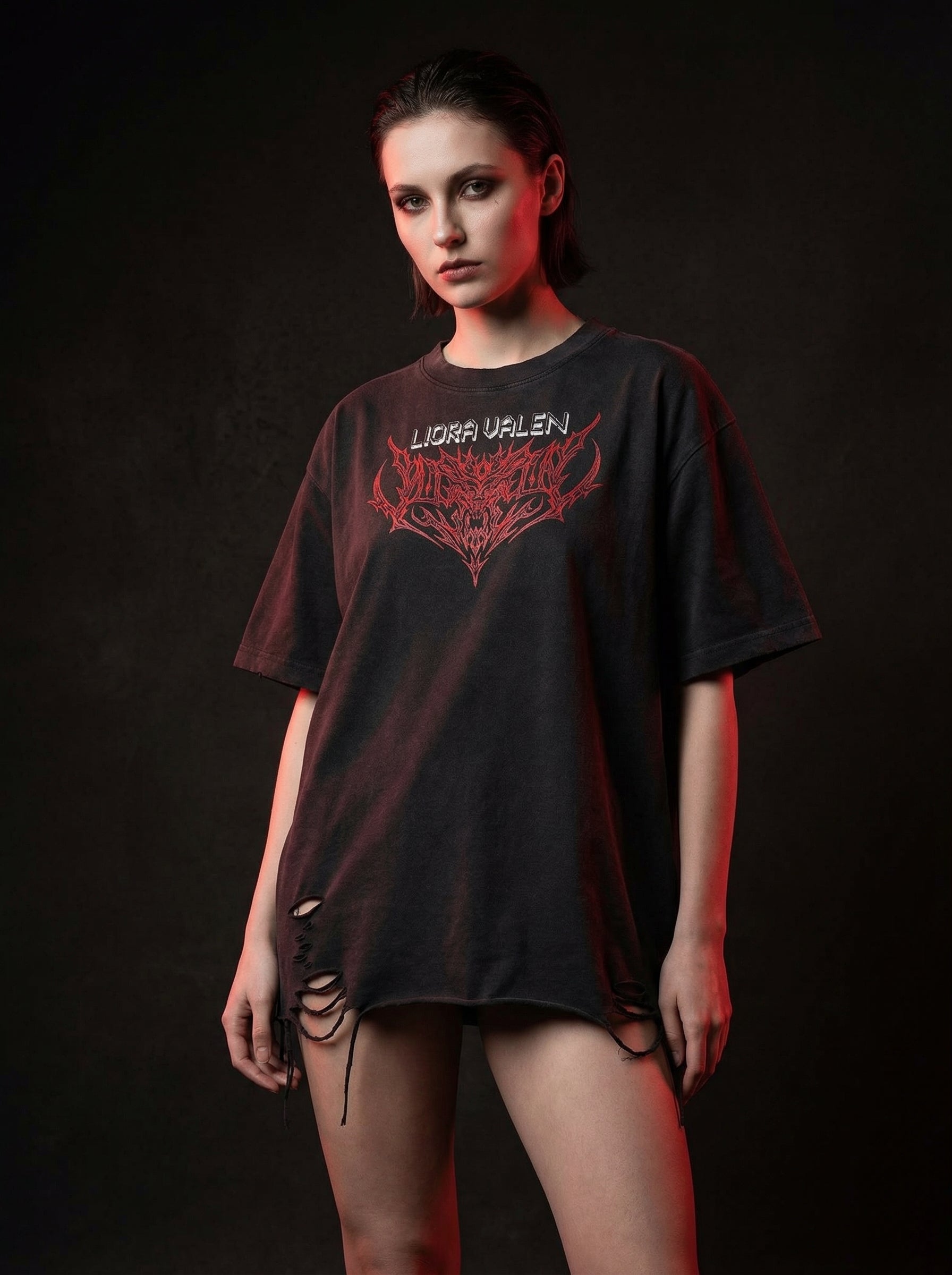 Person wearing a black t-shirt with red text and design on a dark background